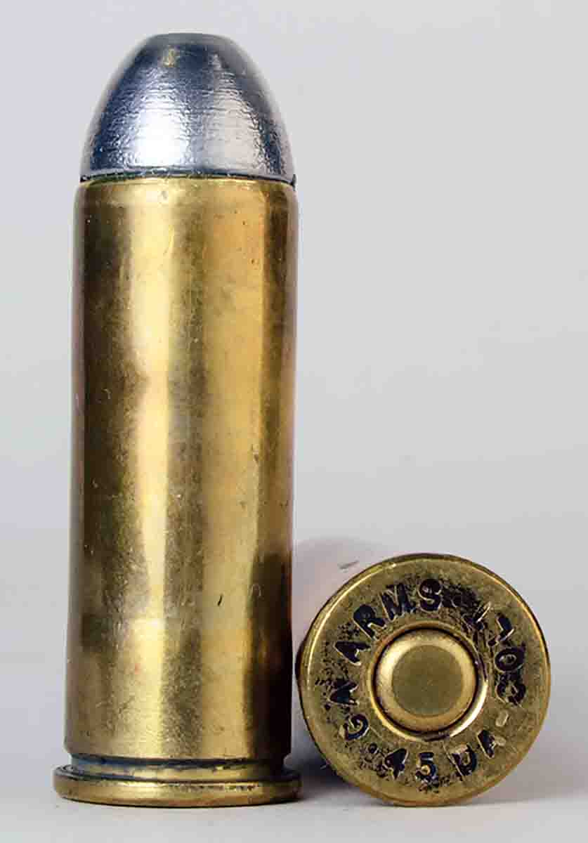 These cartridges were special made by Starline for Georgia Arms and are headstamped .45 DA Colt. Case length is standard 1.285 inches of .45 Colt but the rim diameter is .519 inch such as Starline uses on .45 S&W brass.